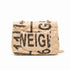 Luxury Inspired Small Quilted Jute Flap Bag | Natural Woven Handbag with Gold Chain & Typography Print