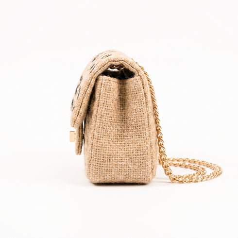 Luxury Inspired Small Quilted Jute Flap Bag | Natural Woven Handbag with Gold Chain & Typography Print
