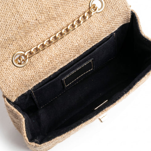 Luxury Inspired Small Quilted Jute Flap Bag | Natural Woven Handbag with Gold Chain & Typography Print