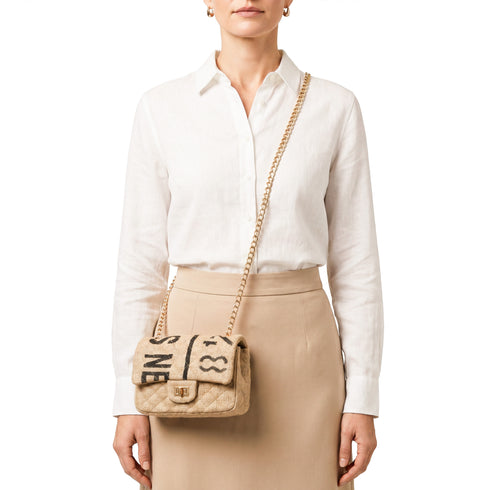 Luxury Inspired Small Quilted Jute Flap Bag | Natural Woven Handbag with Gold Chain & Typography Print