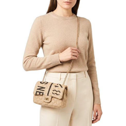 Luxury Inspired Small Quilted Jute Flap Bag | Natural Woven Handbag with Gold Chain & Typography Print