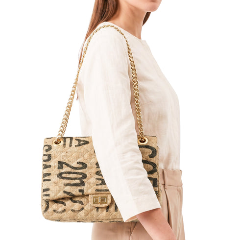 Luxury Inspired Large Quilted Jute Flap Bag | Natural Woven Handbag with Gold Chain & Typography Print