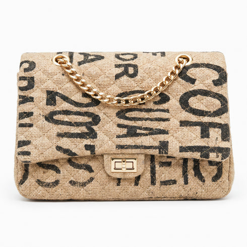 Luxury Inspired Large Quilted Jute Flap Bag | Natural Woven Handbag with Gold Chain & Typography Print