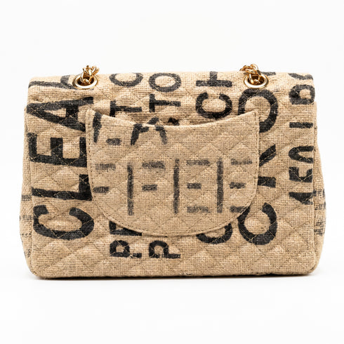 Luxury Inspired Large Quilted Jute Flap Bag | Natural Woven Handbag with Gold Chain & Typography Print