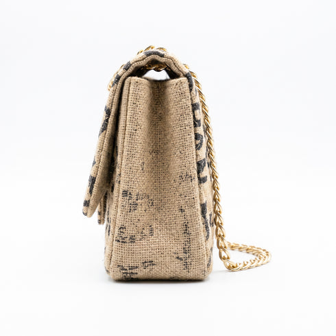 Luxury Inspired Large Quilted Jute Flap Bag | Natural Woven Handbag with Gold Chain & Typography Print