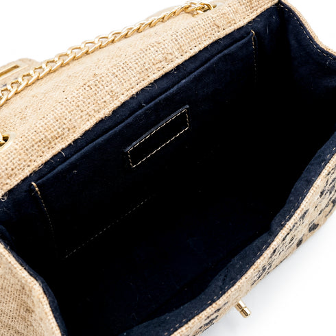 Luxury Inspired Large Quilted Jute Flap Bag | Natural Woven Handbag with Gold Chain & Typography Print