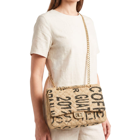 Luxury Inspired Large Quilted Jute Flap Bag | Natural Woven Handbag with Gold Chain & Typography Print