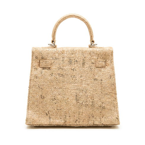 Luxury Printed Jute Kelly 25 Style Handbag | Handmade Woven Top Handle Crossbody Bag with Removable Strap