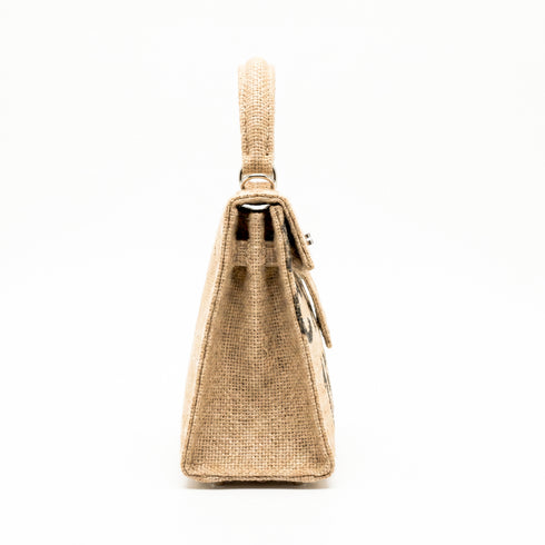 Luxury Printed Jute Kelly 25 Style Handbag | Handmade Woven Top Handle Crossbody Bag with Removable Strap