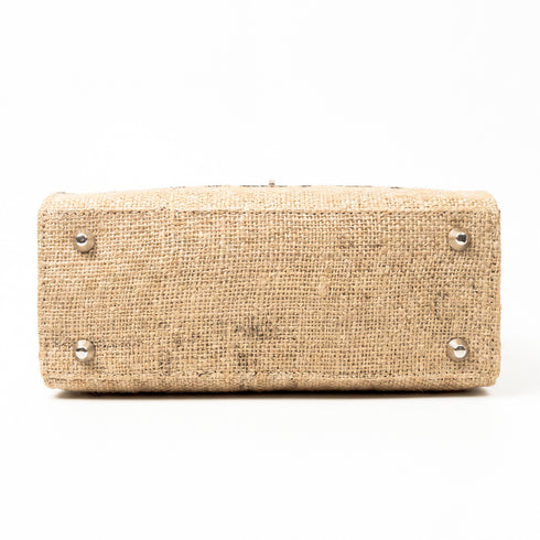 Luxury Printed Jute Kelly 25 Style Handbag | Handmade Woven Top Handle Crossbody Bag with Removable Strap