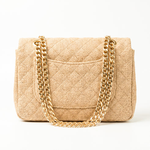 Medium Quilted Jute Classic Shoulder Bag Natural Woven Flap Handbag With Gold Chain