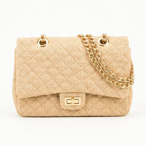 Medium Quilted Jute Classic Shoulder Bag Natural Woven Flap Handbag With Gold Chain