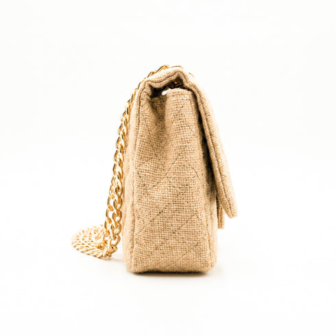 Medium Quilted Jute Classic Shoulder Bag Natural Woven Flap Handbag With Gold Chain