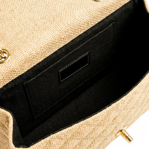 Medium Quilted Jute Classic Shoulder Bag Natural Woven Flap Handbag With Gold Chain