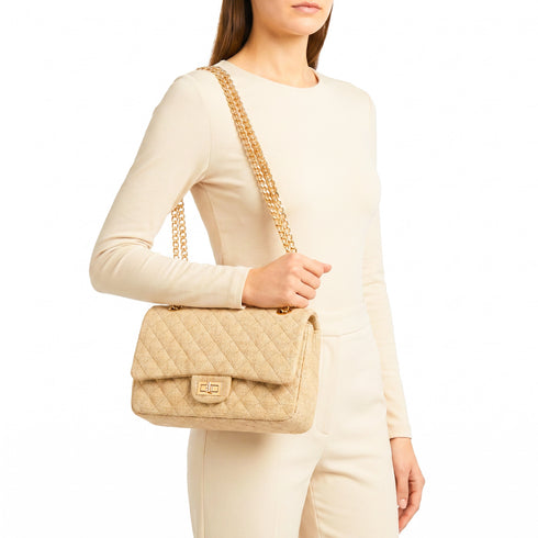 Medium Quilted Jute Classic Shoulder Bag Natural Woven Flap Handbag With Gold Chain