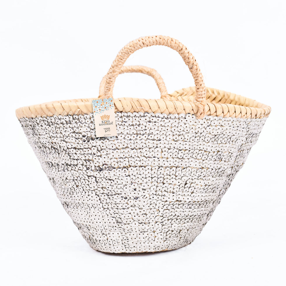 Silver Sequin Straw Basket Bag – Moroccan Beach Tote