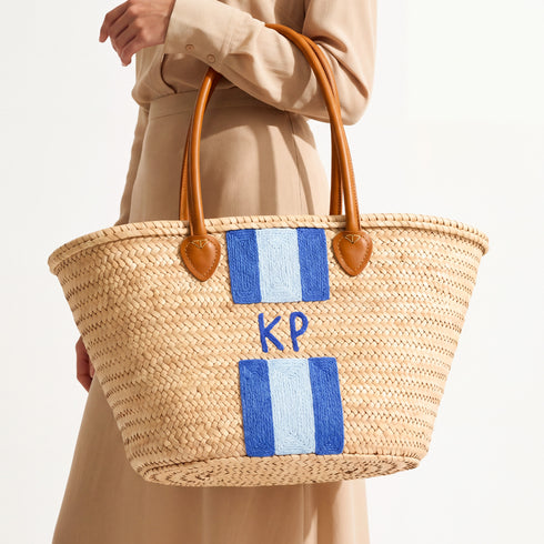 Personalized Blue Stripe Straw Beach Bag