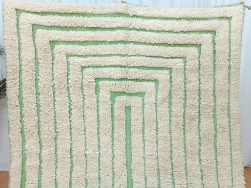 Modern Moroccan Tufted Wool Rug | Green & White Handmade Carpet