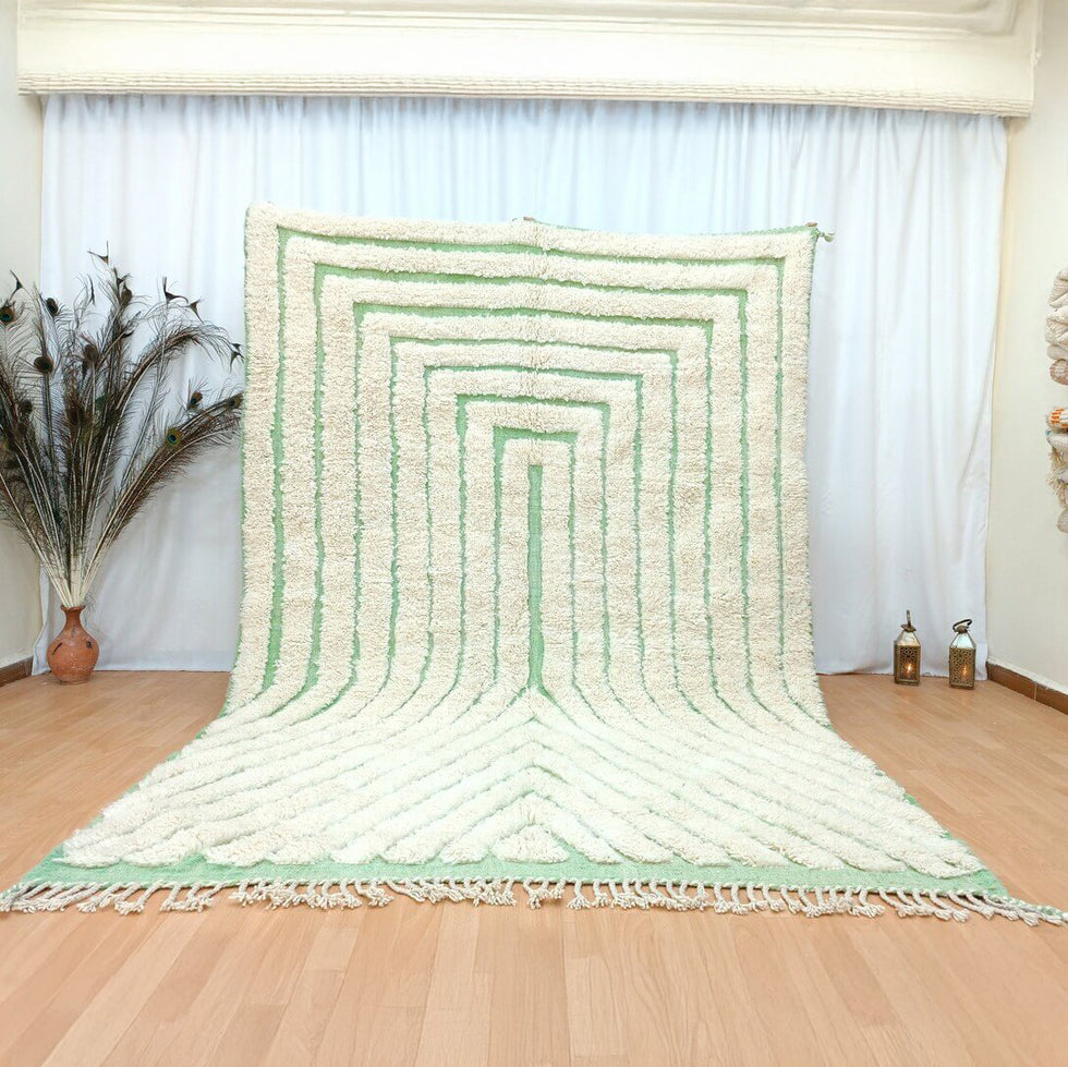 Moroccan Berber Rug – Green & Ivory Geometric Wool Area Rug