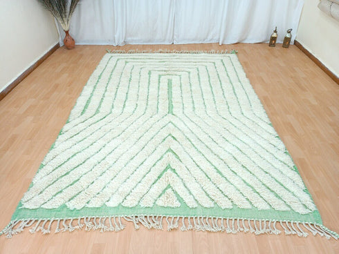 Modern Moroccan Tufted Wool Rug | Green & White Handmade Carpet