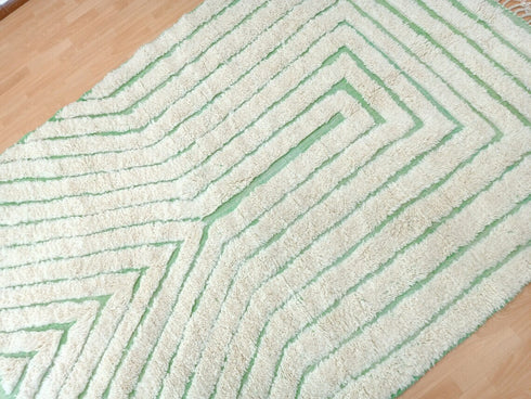 Modern Moroccan Tufted Wool Rug | Green & White Handmade Carpet