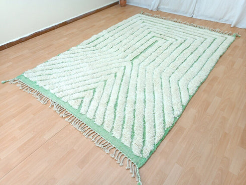 Modern Moroccan Tufted Wool Rug | Green & White Handmade Carpet
