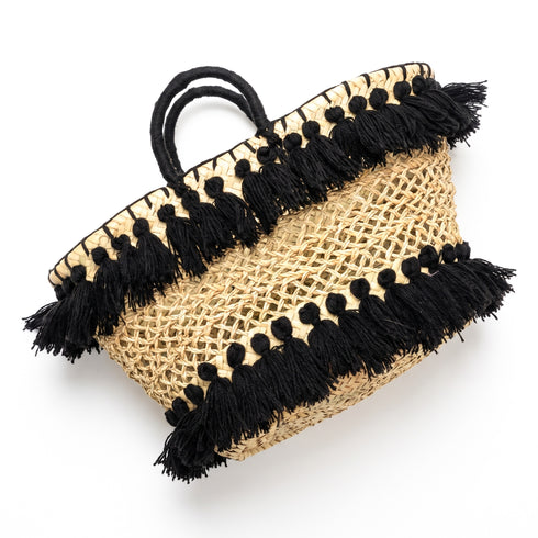 Handmade Straw Beach Bag – Black Tassel Tote, Openwork