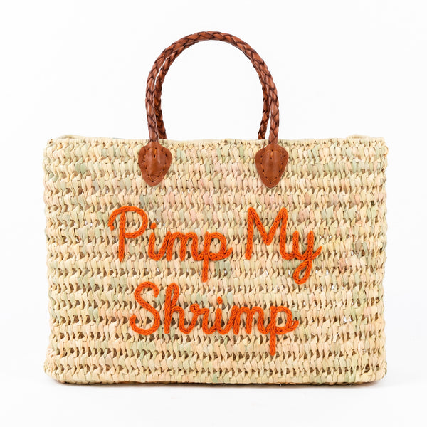 Handmade Moroccan square wicker bag with orange Pimp My Shrimp embroidery, braided brown leather handles, natural straw woven texture, artisan beach tote available in medium and large size 1