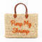 Handmade Moroccan square wicker bag with orange Pimp My Shrimp embroidery, braided brown leather handles, natural straw woven texture, artisan beach tote available in medium and large size 1