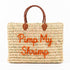 Handmade Moroccan square wicker bag with orange Pimp My Shrimp embroidery, braided brown leather handles, natural straw woven texture, artisan beach tote available in medium and large size 1