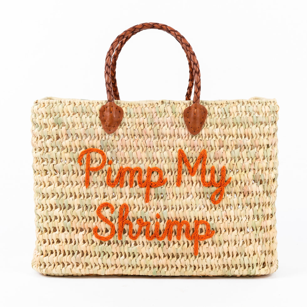 Handmade Moroccan square wicker bag with orange Pimp My Shrimp embroidery, braided brown leather handles, natural straw woven texture, artisan beach tote available in medium and large size 1