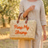 Handmade Moroccan square wicker bag with orange Pimp My Shrimp embroidery, braided brown leather handles, natural straw woven texture, artisan beach tote available in medium and large size 4