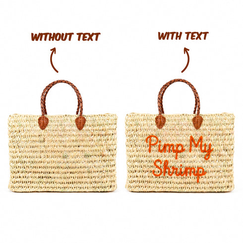Handmade Moroccan square wicker bag with orange Pimp My Shrimp embroidery, braided brown leather handles, natural straw woven texture, artisan beach tote available in medium and large size 8