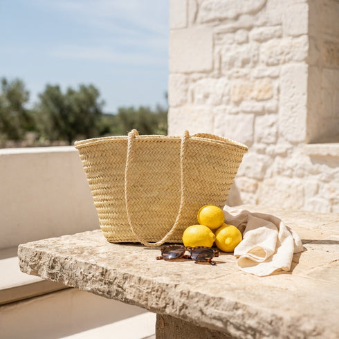 Moroccan Straw Basket with Long Hemp Handles – Woven Palm Beach Tote✨