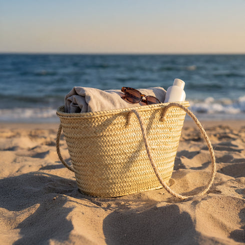Moroccan Straw Basket with Long Hemp Handles – Woven Palm Beach Tote✨