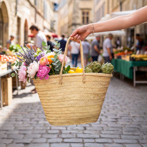 Moroccan Straw Basket with Short Hemp Handles – Woven Palm Leaf Summer Tote 🌿
