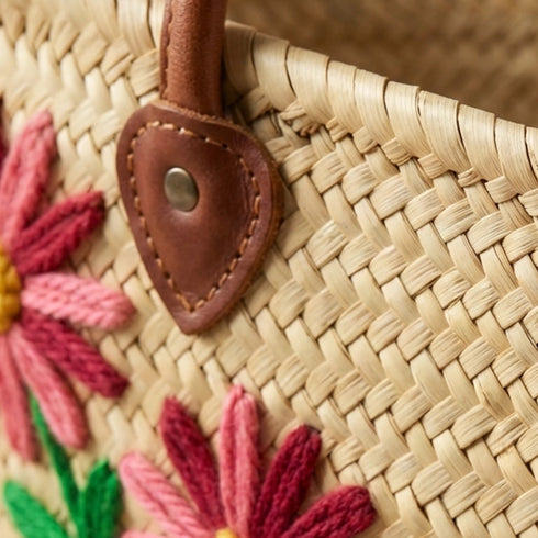 Pink Daisy Embroidered Moroccan Straw Tote – Floral Picnic & Gift Basket