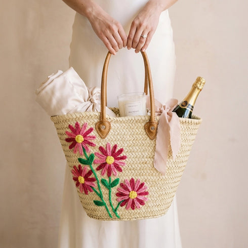 Pink Daisy Embroidered Moroccan Straw Tote – Floral Picnic & Gift Basket