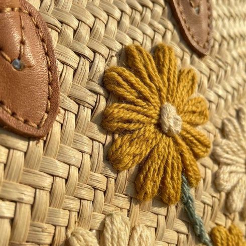 Golden & Cream Daisy Embroidered Moroccan Straw Tote – Floral Basket