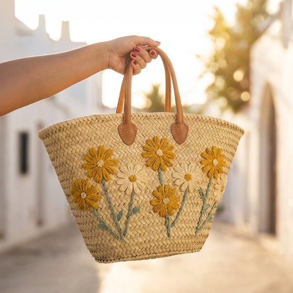 Golden & Cream Daisy Embroidered Moroccan Straw Tote – Floral Basket