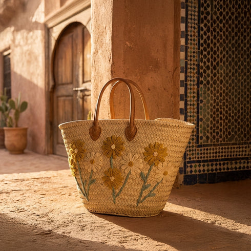 Golden & Cream Daisy Embroidered Moroccan Straw Tote – Floral Basket