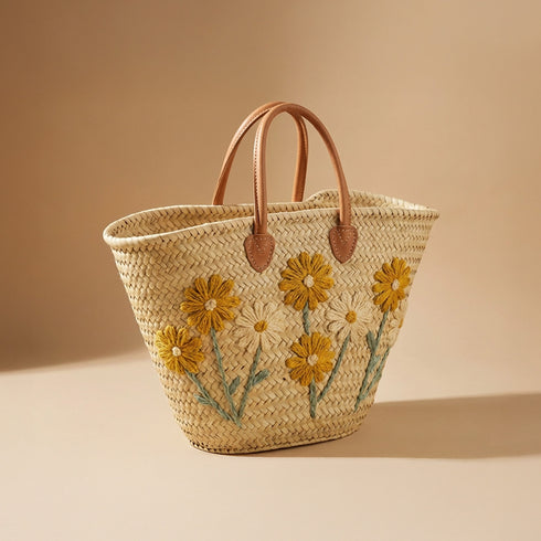 Golden & Cream Daisy Embroidered Moroccan Straw Tote – Floral Basket