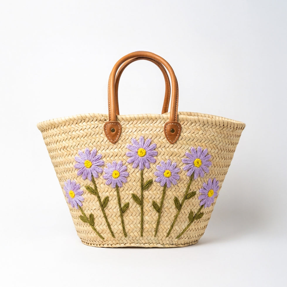 Straw Beach Bag – Lavender Daisy Embroidered Moroccan Tote