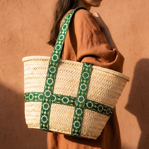 Moroccan Green Brocade Ribbon Beach Bag | Handwoven Wicker Vacation Tote💚