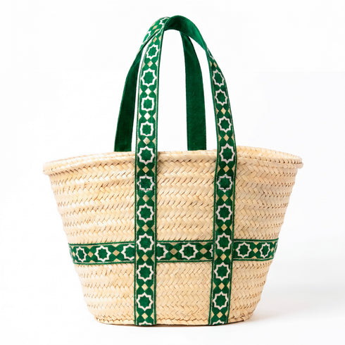 Moroccan Green Brocade Ribbon Beach Bag | Handwoven Wicker Vacation Tote💚
