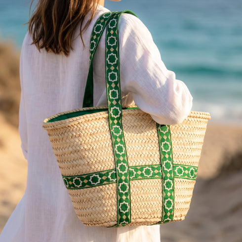 Moroccan Green Brocade Ribbon Beach Bag | Handwoven Wicker Vacation Tote💚