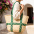 Moroccan Green Brocade Ribbon Beach Bag | Handwoven Wicker Vacation Tote💚