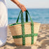Moroccan Green Brocade Ribbon Beach Bag | Handwoven Wicker Vacation Tote💚