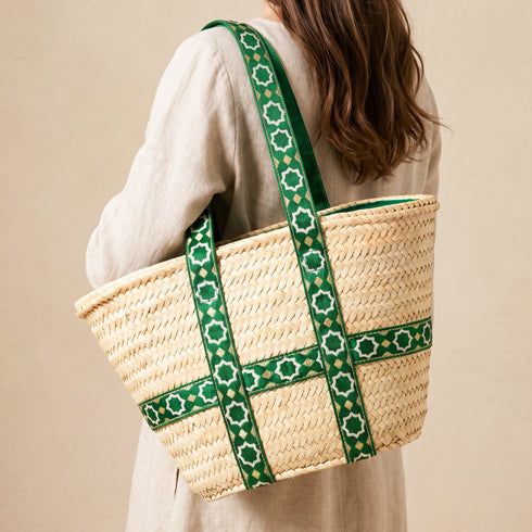 Moroccan Green Brocade Ribbon Beach Bag | Handwoven Wicker Vacation Tote💚