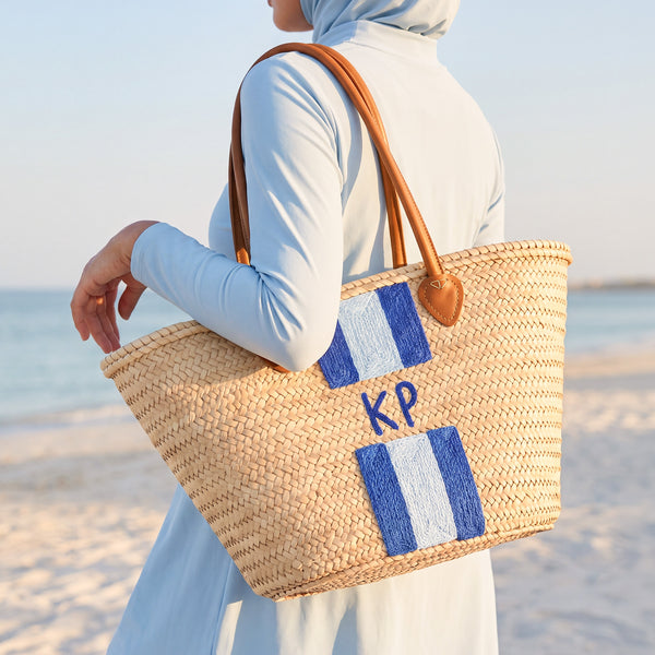 Personalized Straw Beach Bag – Blue Monogram, Leather Handle